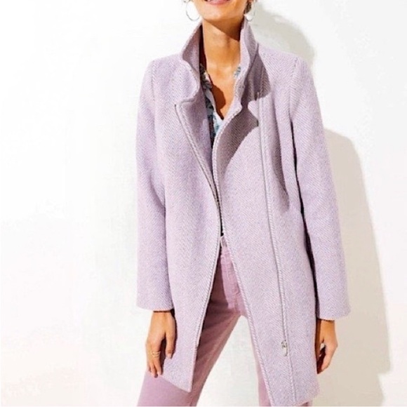 LOFT Lilac Wool Blend Pea Coat Jacket Herringbone Asymmetric Zip Pockets Size S - Picture 2 of 13